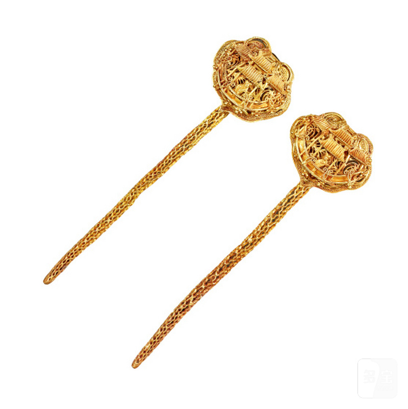 明 金楼阁人物镂空发簪一对 - 图1